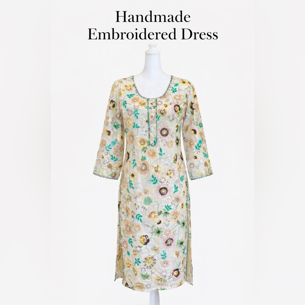 Handmade Embroidered Floral Midi Dress - Cream